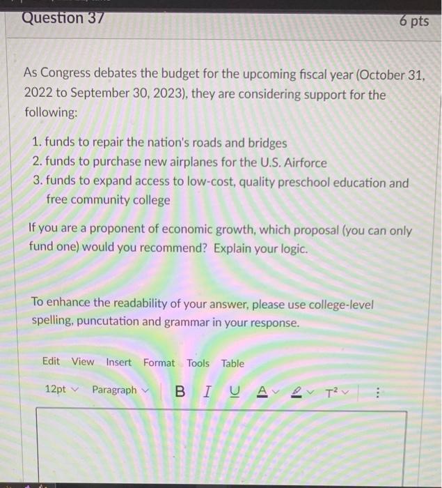 Solved Question 37 As Congress Debates The Budget For The | Chegg.com