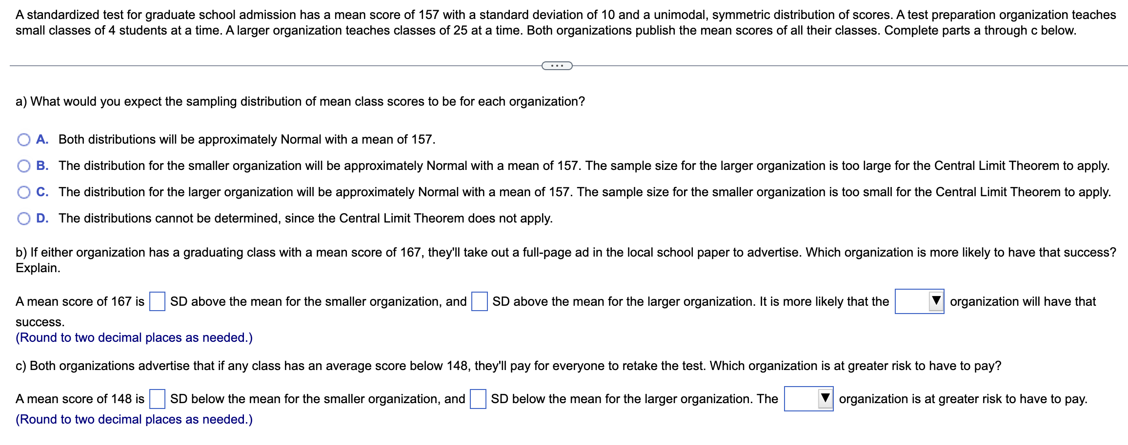 Solved A standardized test for graduate school admission has | Chegg.com