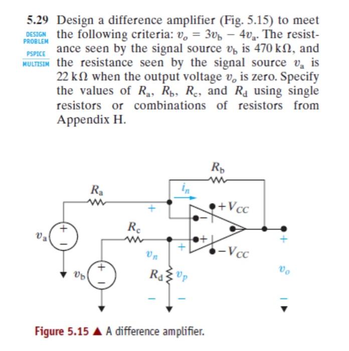 Solved 5.29 Design a difference amplifier (Fig. 5.15) to | Chegg.com