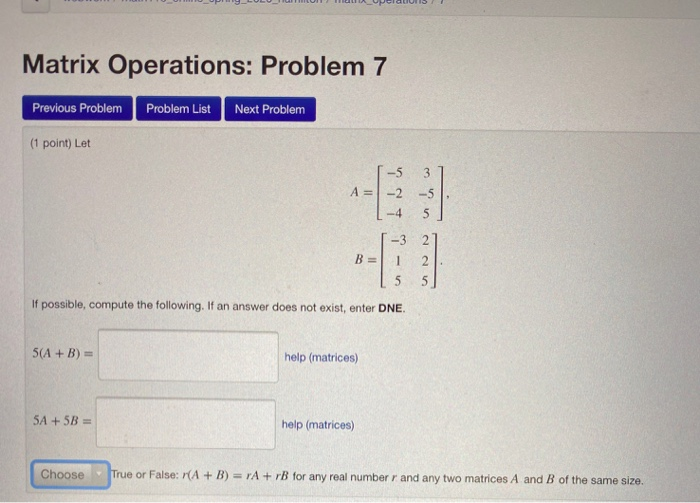 Matrix Operations 3q Rq Rp Problems Solved Matrix Operations: Problem 7 Previous Problem Problem | Chegg.com