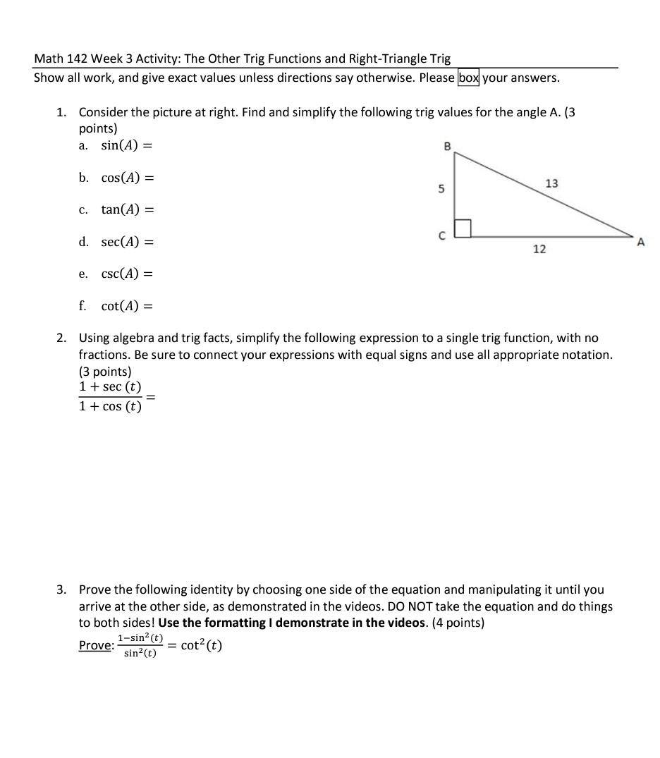 Solved Math 142 Week 3 Activity: The Other Trig Functions | Chegg.com