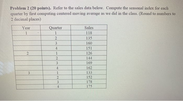 Solved Problem 2 (20 points). Refer to the sales data below. | Chegg.com