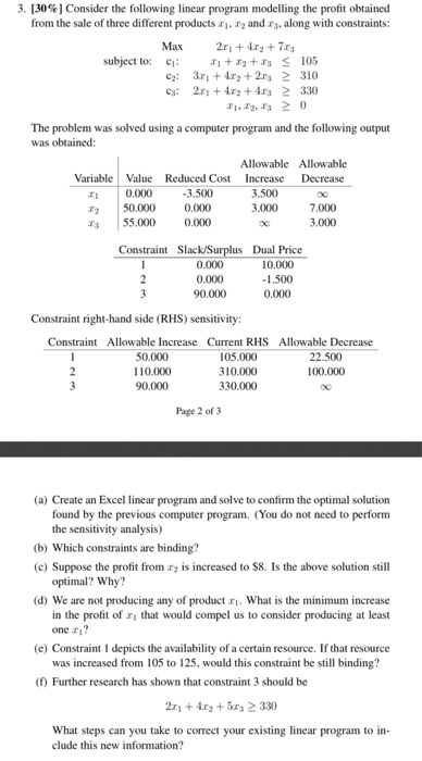 Solved 3. [30% ] Consider the following linear program | Chegg.com