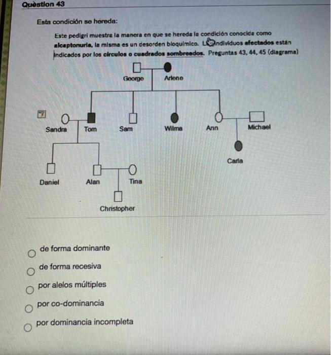 Esta condición se horeda: Este pedigri muestra la manera en que se hereda la condicion conocida como alcaptonuria, la misma e