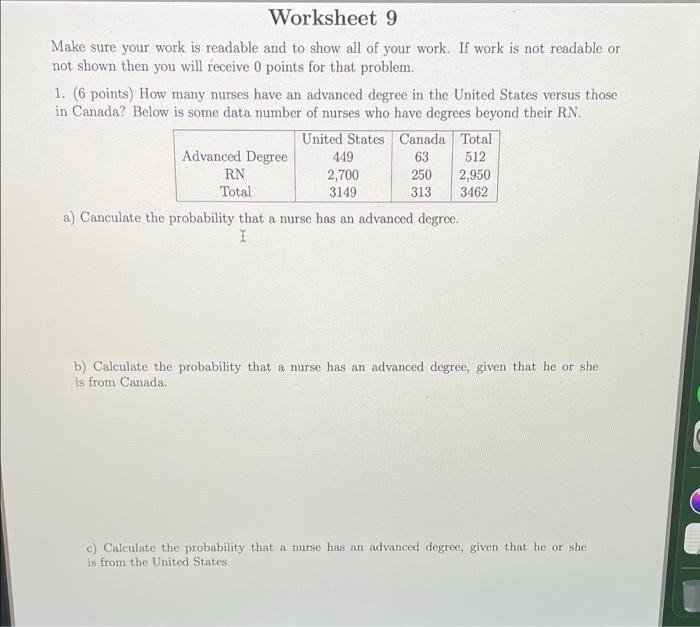 Solved Worksheet 9 Make sure your work is readable and to | Chegg.com