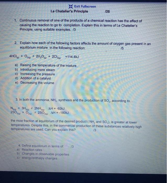 Solved Exit Fullscreen Le Chatelier S Principle 125 1 Co Chegg Com