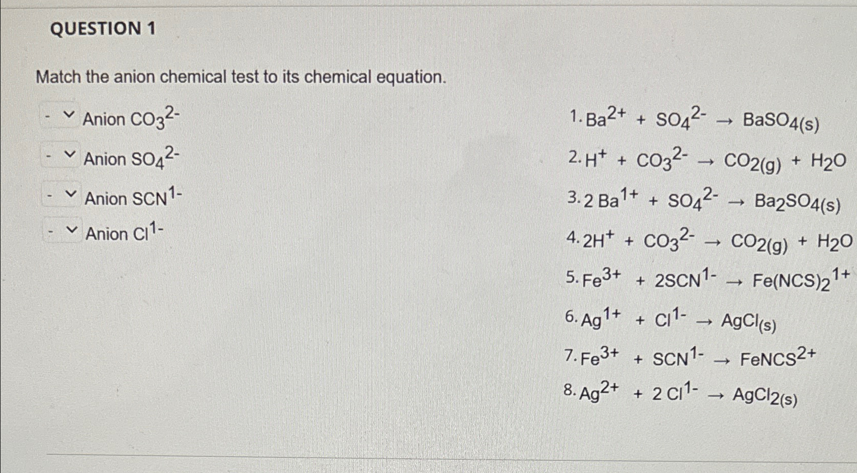 Solved QUESTION 1Match the anion chemical test to its | Chegg.com