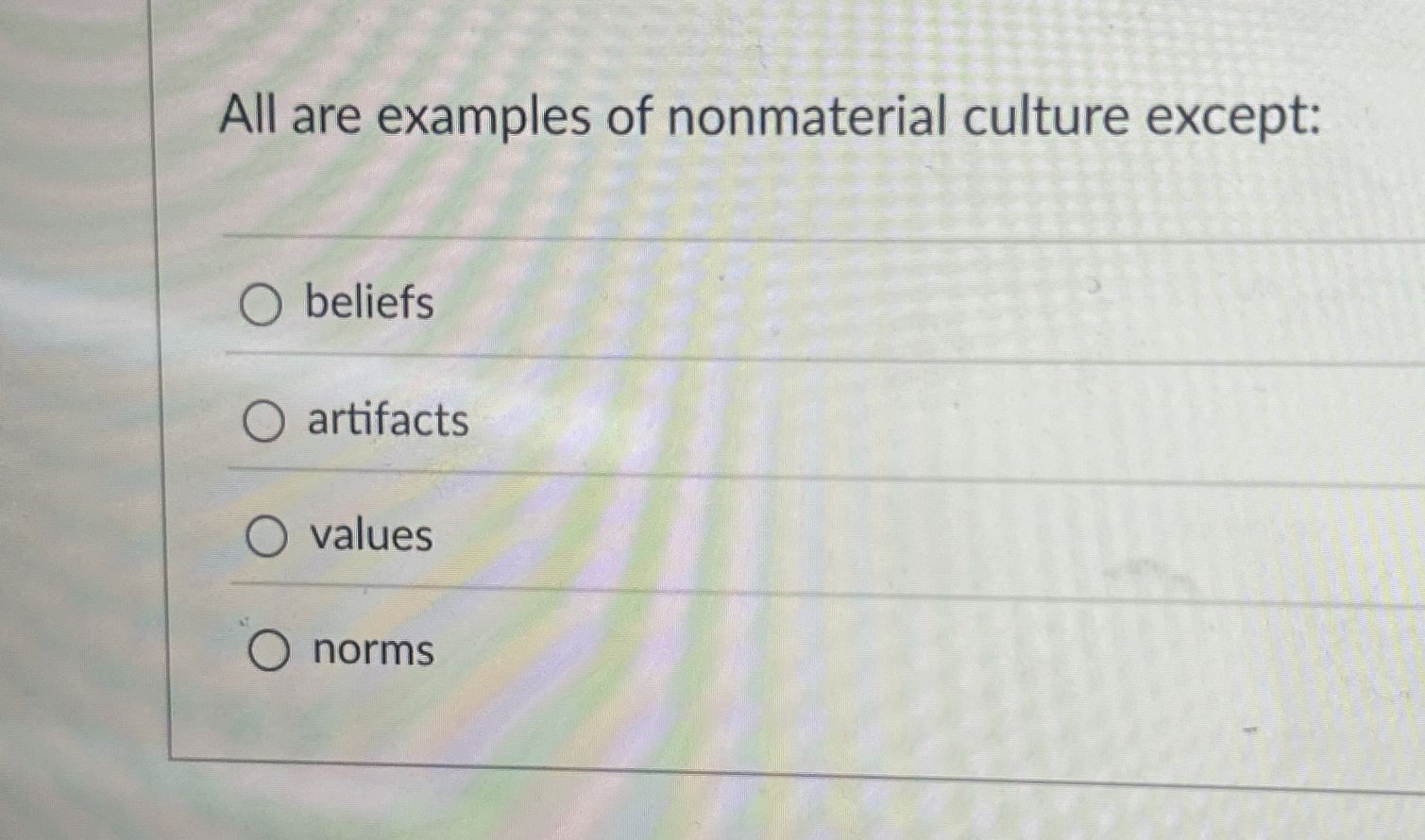 Solved All are examples of nonmaterial culture | Chegg.com