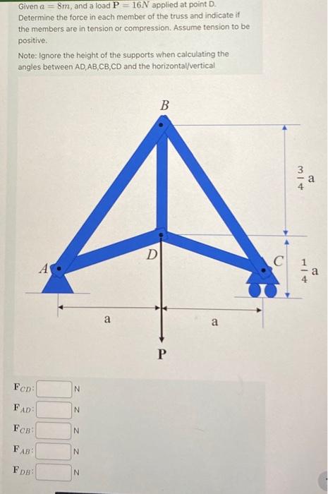 Solved Given a = 8m, and a load P = 16N applied at point D. | Chegg.com