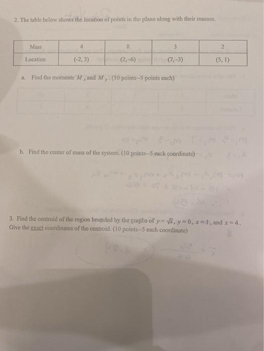 Solved 2. The table below shows the location of points in | Chegg.com
