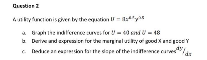 Solved A utility function is given by the equation | Chegg.com