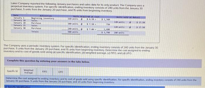 Laker Compary reported the following January purchases and sales data for its only product The Company uses a perpetual inven