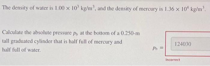 Solved The density of water is 1.00×103 kg/m3, and the | Chegg.com