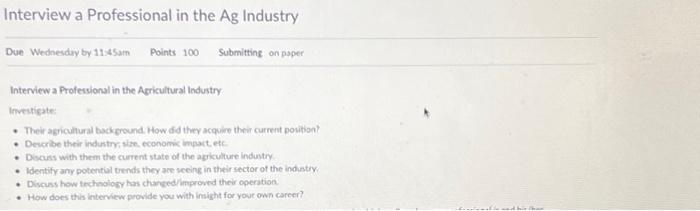 Solved Interview a Professional in the Ag Industry Due | Chegg.com