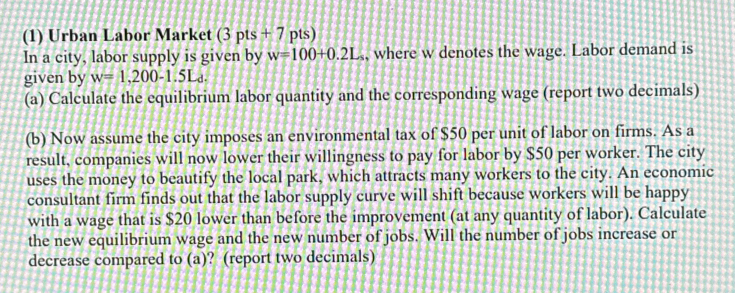 Solved (1) ﻿Urban Labor Market ( 3pts+7ptsIn a city, labor | Chegg.com
