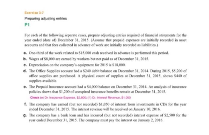 Solved Exercise 3-7 Preparing Adjusting Entries P1 For Each | Chegg.com