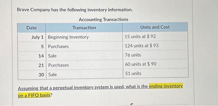 Solved Brave Company has the following inventory | Chegg.com