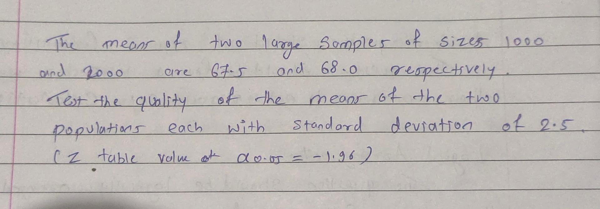 Solved The means of two large sumples of sizes 1000 and 2000 | Chegg.com