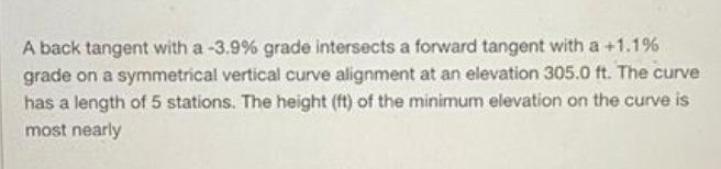 Solved A back tangent with a -3.9% grade intersects a | Chegg.com