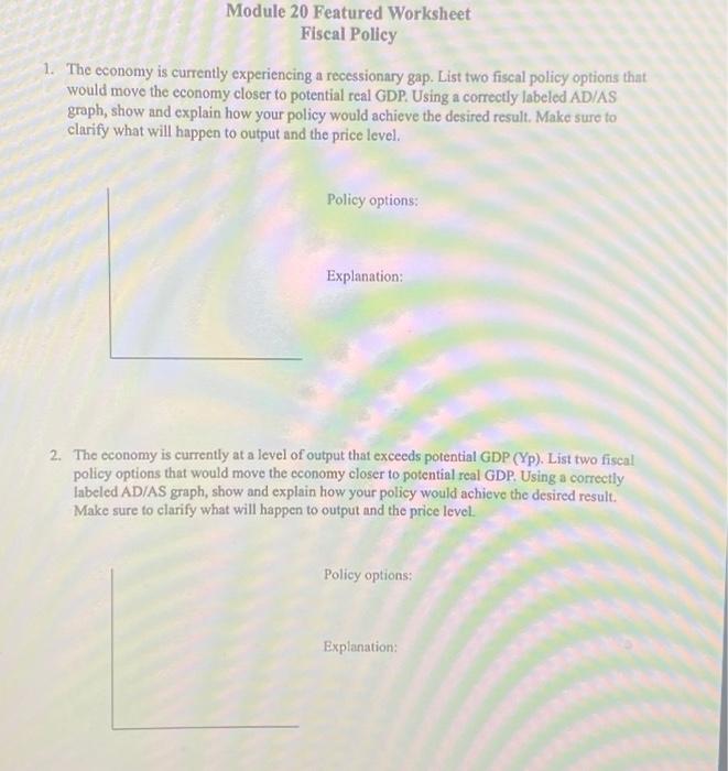 Solved Module 20 Featured Worksheet Fiscal Policy 1 The Chegg