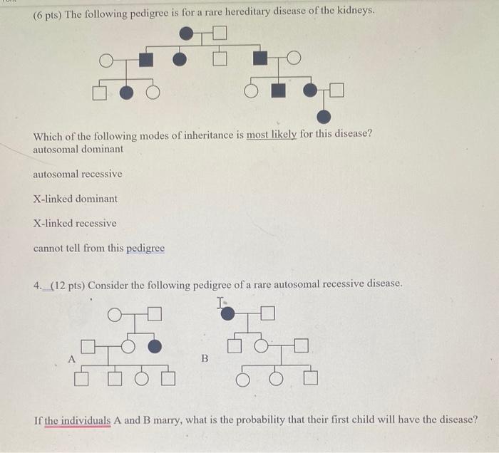 Solved ( 6 pts) The following pedigree is for a rare | Chegg.com