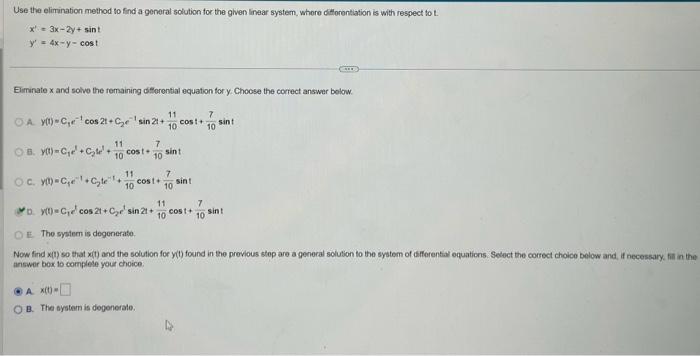 Solved Use the elimination method to find a general solution | Chegg.com