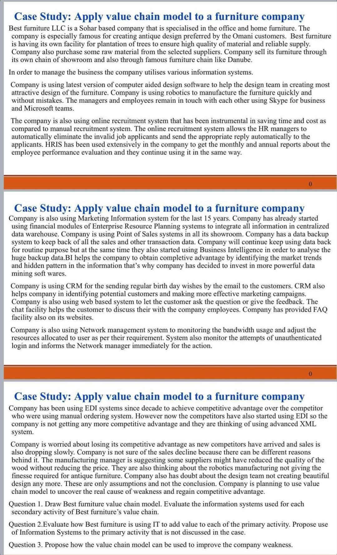 Solved Case Study: Apply value chain model to a furniture | Chegg.com
