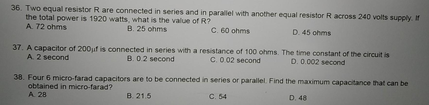 Solved 36. Two equal resistor R are connected in series and | Chegg.com