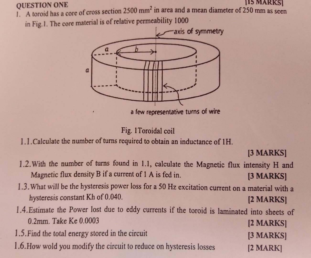 Solved Question One 1 A Toroid Has A Core Of Cross Section 6081