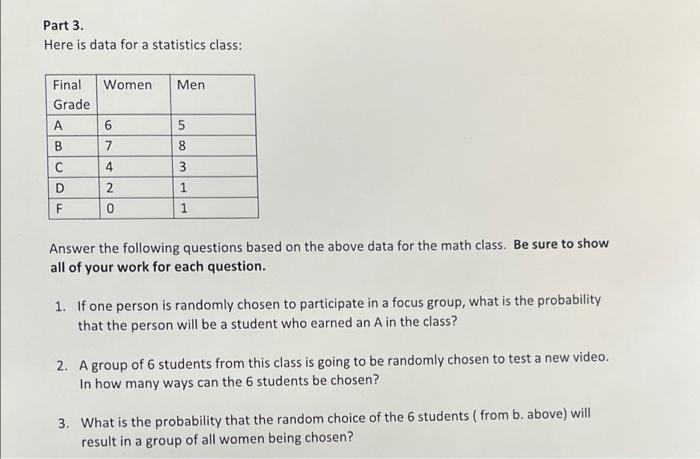 Solved Part 3 Here is data for a statistics class: Men 5 | Chegg.com