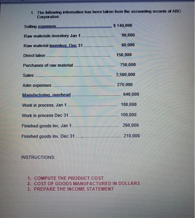 Solved 1. The following information has been taken from the