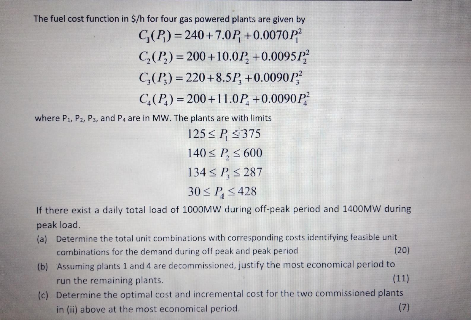 Solved The fuel cost function in /h for four gas powered
