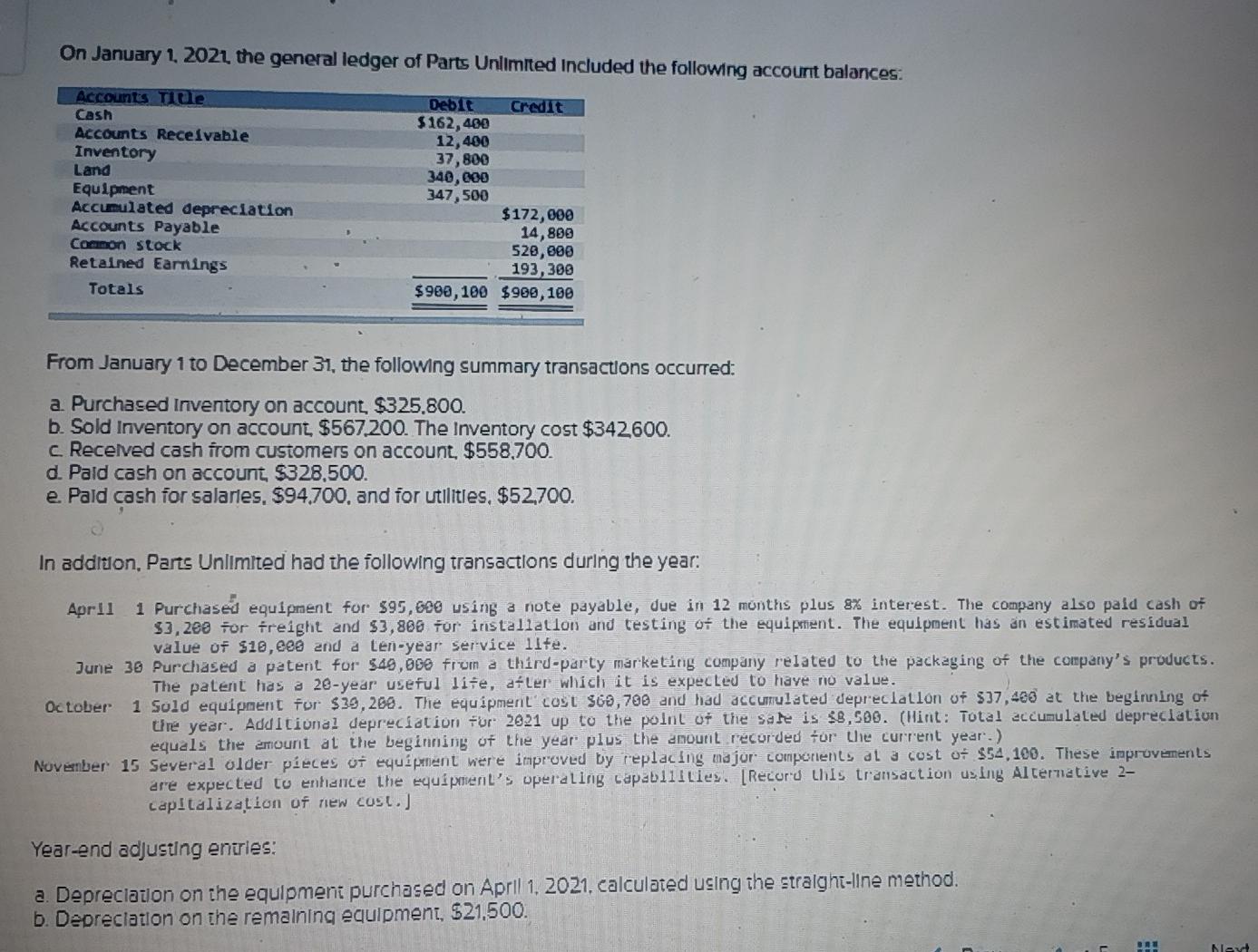 Solved On January 1, 2021, the general ledger of Parts