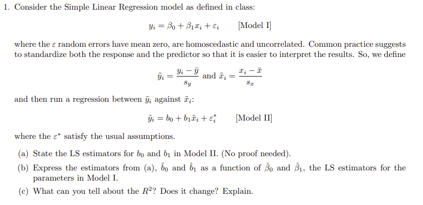 1. Consider the Simple Linear Regression model as | Chegg.com