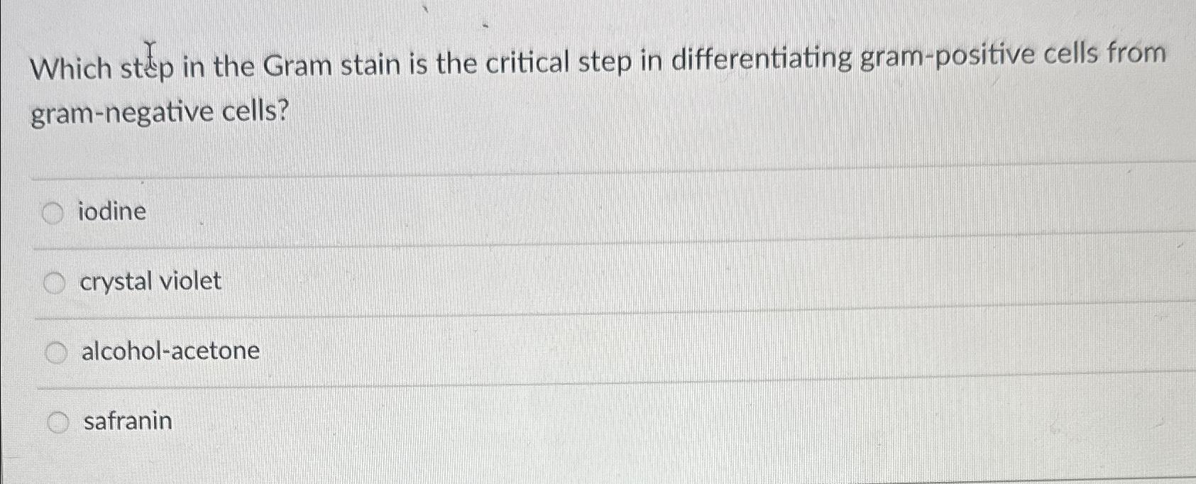 Solved Which step in the Gram stain is the critical step in | Chegg.com