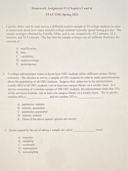 Solved Homework Assignment \#3 (Chapters 3 and 4) STAT 1350, | Chegg.com