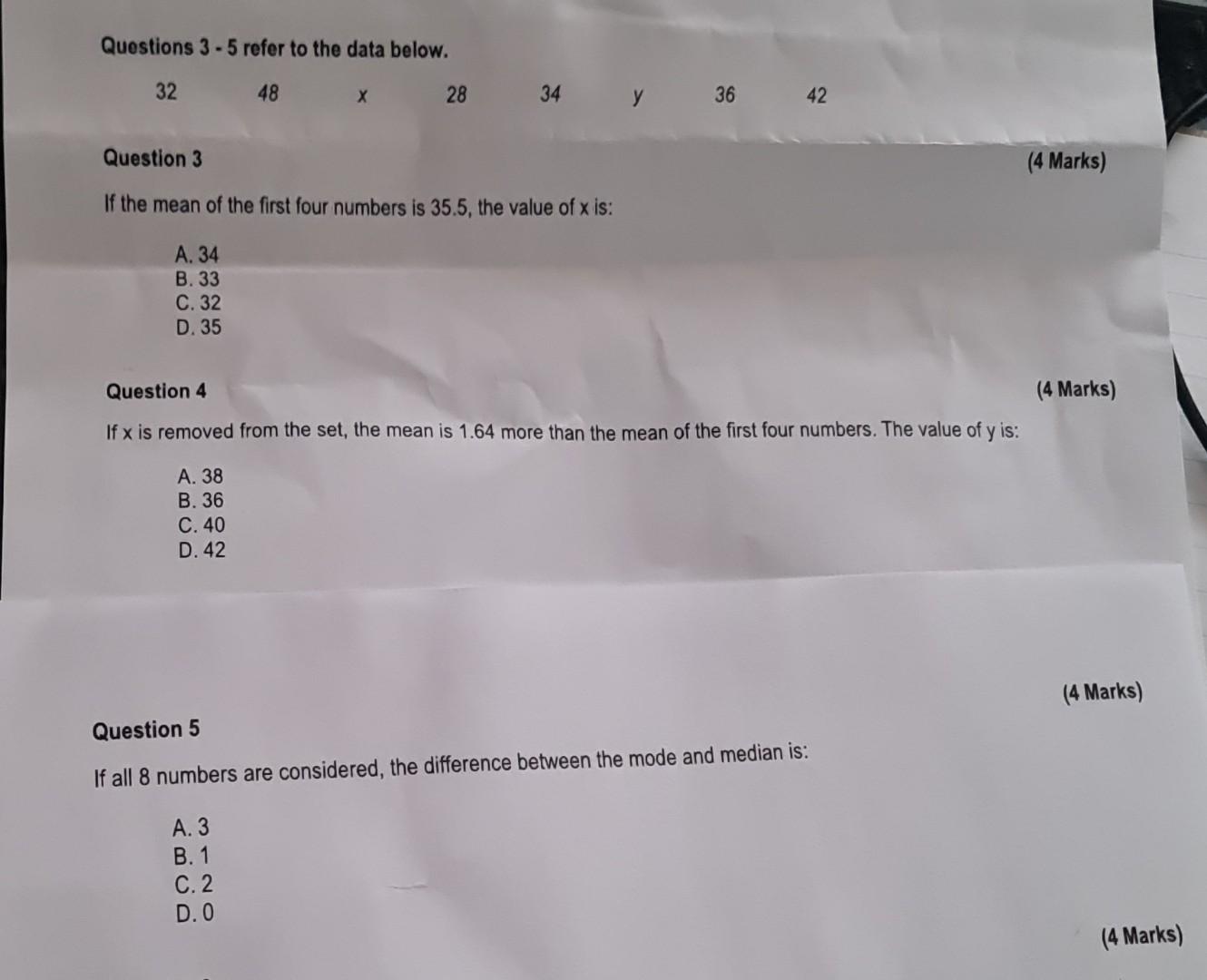 Solved Questions 3 - 5 Refer To The Data Below. | Chegg.com