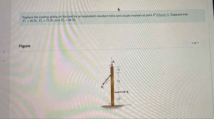 Replace the loading acting on the post by an equivalent resultant force and couple moment at point \( P \) (Figure 1). Suppos