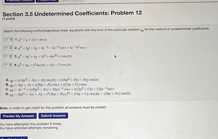 Solved Section 3.5 Undetermined Coefficients: Problem 12 (1 | Chegg.com