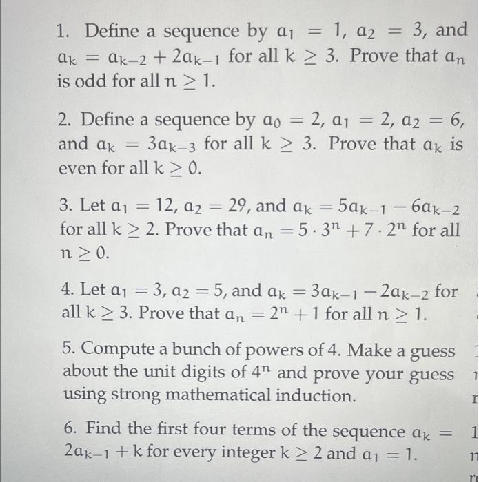 Solved 1. Define a sequence by a1=1,a2=3, and ak=ak−2+2ak−1 | Chegg.com