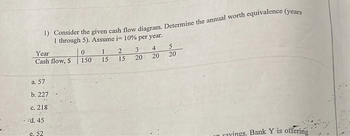 1) Consider the given cash flow diagram. Determine the annual worth equivalence (years 1 through 5 ). Assume \( i=10 \% \) pe