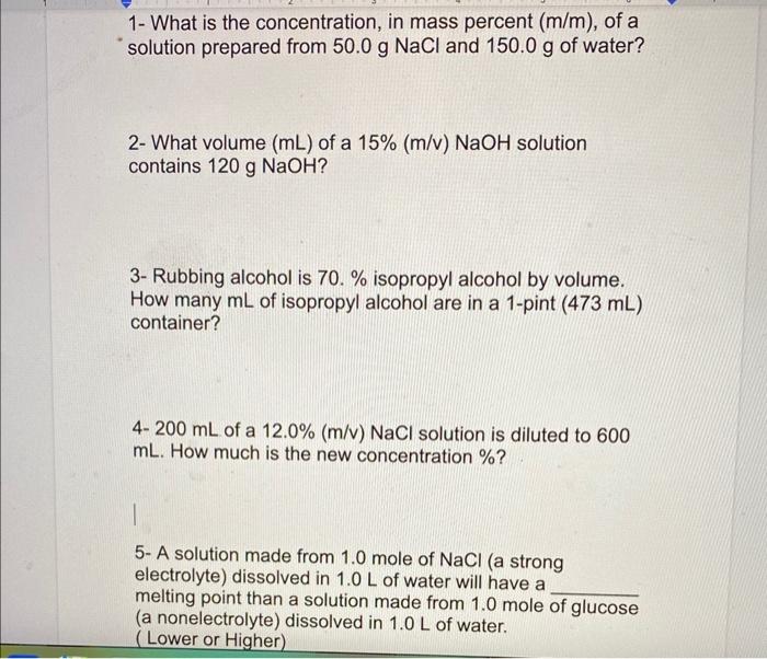 Solved 1 What Is The Concentration In Mass Percent M M Chegg Com   Image