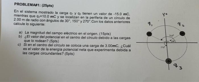 En el sistema mostrado la carga \( q_{1} \) y \( q_{2} \) tienen un valor de \( -15.0 \mathrm{mC} \), mientras que \( q_{3}=1