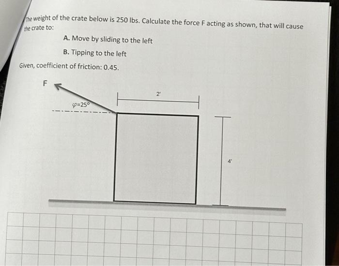 Solved The weight of the crate below is 250lbs. Calculate