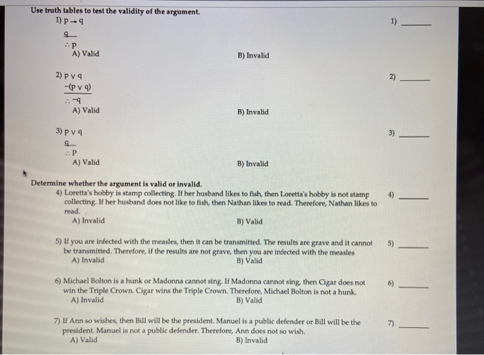 Solved Use truth tables to test the validity of the | Chegg.com