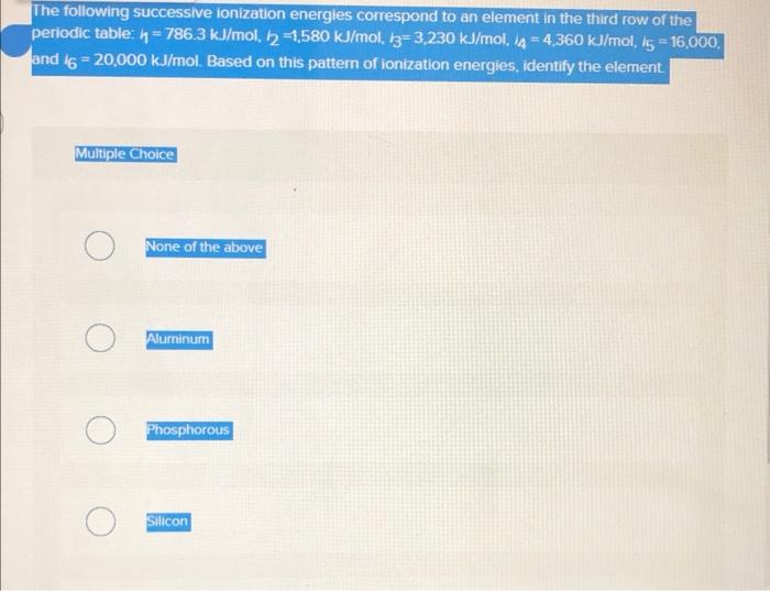 Solved The Following Successive Ionization Energies Chegg Com