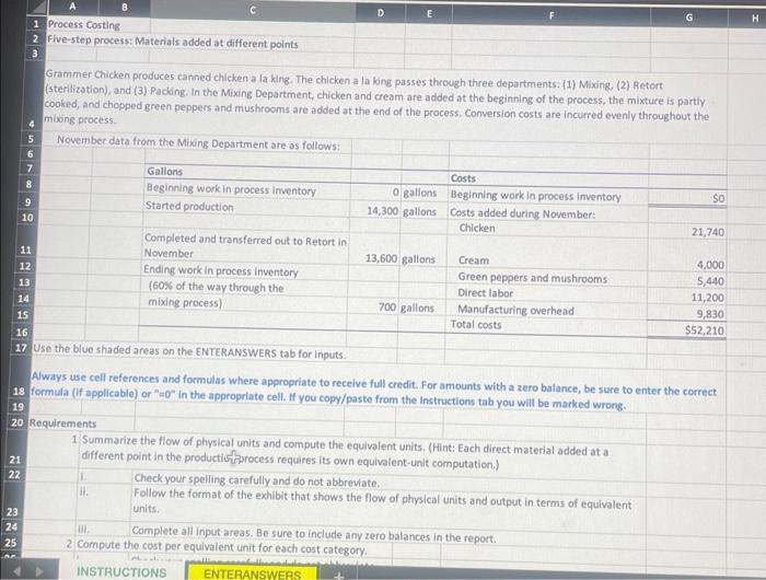 Solved A D E F G н C 1 Process Costing 2 Five-step Process: | Chegg.com