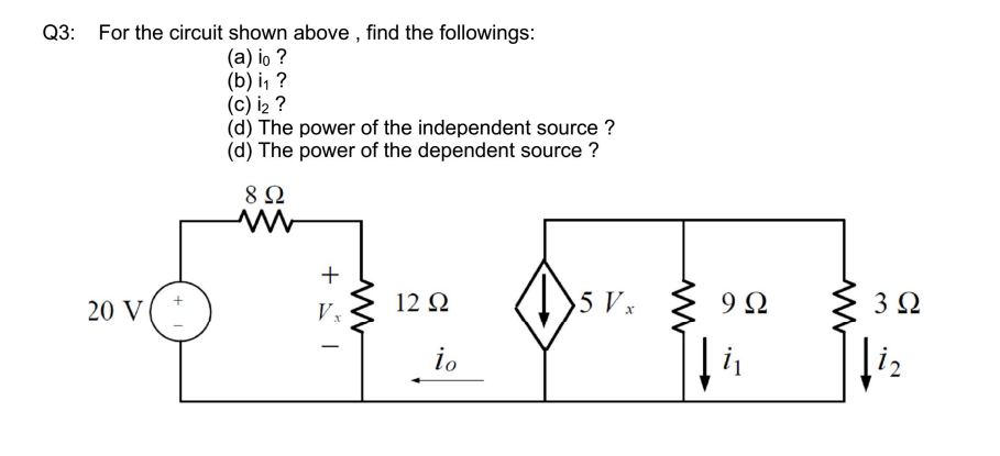 Solved Q3: For the circuit shown above, find the | Chegg.com