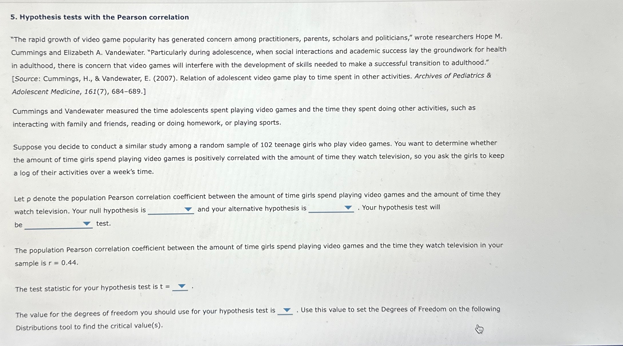 Solved Hypothesis tests with the Pearson correlation