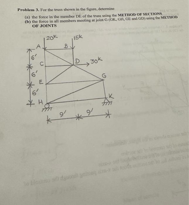 Problem 3. For the truss shown in the figure, determine
(a) the force in the member DE of the truss using the METHOD OF SECTI